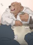  2021 anthro beverage black_nose brown_body brown_fur clothing drunk fur group hi_res humanoid_hands iwbsb_kuma kemono male mammal shirt sitting solo_focus substance_intoxication topwear ursid 