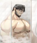  1boy abs bara black_hair chest_hair facial_hair glasses gomtang large_pectorals male_focus mature_male muscular muscular_male nipple_piercing nipples open_mouth original pectorals piercing shower_(place) showering sideburns solo stubble topless topless_male 