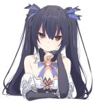  1girl absurdres bare_shoulders black_hair breasts buran_buta cleavage detached_sleeves frills hair_between_eyes hair_ornament hair_ribbon highres long_hair looking_at_viewer neptune_(series) noire_(neptune_series) red_eyes ribbon simple_background solo twintails upper_body white_background 