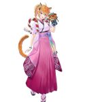  1girl ahoge animal_ears bangs blush bracelet braid cat_ears cat_tail fire_emblem fire_emblem:_radiant_dawn fire_emblem_heroes full_body hand_puppet hand_up highres holding japanese_clothes jewelry kaya8 kimono long_hair looking_at_viewer lyre_(fire_emblem) official_art open_mouth orange_hair puppet purple_eyes rope sandals shiny shiny_hair single_braid smile socks solo standing tabi tail tied_hair transparent_background white_legwear wide_sleeves 