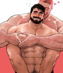 2boys abs arm_hair bara beard chest_hair closed_eyes couple facial_hair highres jang_ju_hyeon large_pectorals male_focus mature_male multiple_boys muscular muscular_male navel open_mouth original pectorals smile sweat sweatdrop topless topless_male 