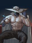  1boy abs absurdres bara coin cypher_(valorant) gloves hat highres jacket large_pectorals male_focus mask mature_male muscular muscular_male navel nipples pectorals sedo_(usingincognito) sitting solo valorant white_headwear white_jacket 
