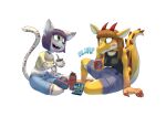  absurd_res anthro beverage_can big_ears big_tail casual_clothing dialogue domestic_cat dragon duo felid feline felis female friends hi_res mammal thick_thighs turkojar yerba_mate 