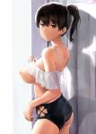  1girl alternate_costume ass bare_shoulders black_shorts breasts breasts_outside brown_eyes brown_hair closed_mouth clothes_lift clothing_cutout clover_print cowboy_shot crop_top expressionless from_behind heart_cutout highres kaga_(kancolle) kantai_collection large_breasts looking_at_viewer looking_back nipples no_bra revision see-through shirt_lift short_hair short_shorts shorts side_ponytail solo strap_gap tied_hair wa_(genryusui) wooden_wall 