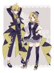  1boy 1girl ahoge alternate_costume arms_behind_head ascot bangs black_headwear black_legwear black_necktie black_suit blonde_hair blue_eyes border brown_background commentary earrings flower formal grey_skirt hair_ornament hairclip hat hat_flower jewelry kagamine_len kagamine_rin long_sleeves necktie pleated_skirt rose shirt short_hair simple_background single_earring skirt suit tassel thighhighs vocaloid white_ascot white_flower white_shirt yellow_flower yellow_rose yoshiki 