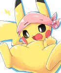  3_toes 5:6 5_fingers ambiguous_gender bandanna blue_outline fangs feet feral fingers hi_res kerchief nintendo open_mouth outline pikachu pink_bandanna pink_kerchief pok&eacute;mon pok&eacute;mon_(species) pupils red_cheeks simple_background solo toes video_games white_background white_pupils yellow_body ちゃば 