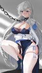  1girl absurdres arms_under_breasts azur_lane belfast_(azur_lane) belfast_(iridescent_rosa)_(azur_lane) blue_panties blush braid breasts bridal_gauntlets chain chained china_dress chinese_clothes cleavage covered_nipples departure18 dress earrings eyebrows_visible_through_hair french_braid grey_background grey_hair heart heart_earrings highres jewelry long_hair looking_at_viewer official_alternate_costume panties pelvic_curtain purple_dress purple_eyes side-tie_panties simple_background skindentation solo string_panties thighhighs underwear very_long_hair white_legwear 
