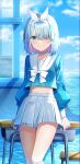  absurdres arona_(blue_archive) blue_archive blue_eyes blue_hair blue_shirt blush bow hair_bow halo highres looking_at_viewer midriff_peek shirt skirt smile thighs white_bow white_skirt 