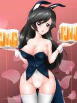  1girl absurdres ahoge alcohol alternate_costume animal_ears areola_slip areolae ass_visible_through_thighs bangs bare_shoulders beer beer_mug black_eyes black_hair blush breasts cameltoe cleavage coattails commentary covered_navel cowboy_shot cup dated fake_animal_ears girls_und_panzer highleg highleg_leotard highres holding holding_tray isuzu_hana large_breasts leotard long_hair looking_at_viewer mug nandemo_kanden nipples open_mouth petals playboy_bunny rabbit_ears smile solo standing strapless swept_bangs thigh_gap thighhighs tray twitter_username white_legwear white_leotard 