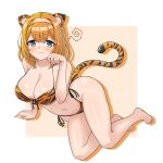  1girl @_@ absurdres animal_ears animal_print bangs barefoot bikini blonde_hair blue_eyes blush cailleach_bheur chinese_zodiac commission embarrassed full_body hairband highres last_origin looking_at_viewer navel new_year noonnoon531 one_eye_closed paw_pose solo squiggle string_bikini swimsuit tail tears tiger_ears tiger_print tiger_tail wavy_mouth year_of_the_tiger 