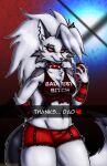  2021 anthro bottomwear breasts canid canid_demon clothed clothing collar demon digital_media_(artwork) ear_piercing ear_ring female fur grey_body grey_fur hair hellhound helluva_boss hi_res hotpants long_hair loona_(helluva_boss) mammal midriff multicolored_body multicolored_fur navel notched_ear phone piercing shorts silver_hair solo spiked_collar spikes text topwear two_tone_body two_tone_fur viroveteruscy white_body white_eyes white_fur 