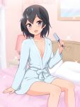  1girl absurdres bangs bathrobe bedroom black_hair blue_eyes blush breasts commentary hair_brush head_wings highres holding holding_brush indoors kemono_friends lamp long_sleeves looking_at_viewer medium_breasts on_bed open_mouth pillow shiraha_maru short_hair sitting smile solo sparkle superb_bird-of-paradise_(kemono_friends) 