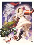 1boy 1girl ahoge alternate_costume artoria_pendragon_(fate) bangs bare_shoulders black_bow blonde_hair boots border bow box bsq candy candy_cane christmas christmas_tree creature dated dress elbow_gloves english_text engrish_text eyebrows_visible_through_hair fate/grand_order fate_(series) food fou_(fate) frilled_dress frills full_body fur-trimmed_boots fur-trimmed_dress fur_trim gift gift_box gloves green_eyes hair_between_eyes hair_bow hat holding holding_sack looking_at_viewer merlin_(fate) merry_christmas mouth_hold one_eye_closed open_mouth outside_border ponytail purple_eyes ranguage red_headwear robe saber_lily sack saint_quartz_(fate) santa_hat sidelocks sleeveless sleeveless_dress smile symbol-only_commentary teeth white_border white_dress white_footwear white_gloves white_hair white_robe 