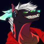  1:1 anthro bioluminescence draco-canine dragon drahxis drahxis_(draco-canine) glowing glowing_eyes glowing_nose hair low_res male piercing showing_teeth solo teeth white_hair 