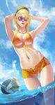  1boy 1girl absurdres armpits arms_behind_head arms_up bangs bikini bikini_top blue_eyes blue_sky breasts cleavage cloud cloudy_sky colomar genji_(overwatch) glasses grin highres lips lipstick long_hair looking_at_viewer makeup mercy_(overwatch) outdoors overwatch shorts sky smile standing swimming swimsuit teeth wading water yellow_bikini yellow_shorts 