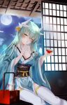  1girl absurdres alicexxxfragment bangs blush breasts cleavage dragon_girl dragon_horns eyebrows_visible_through_hair fate/grand_order fate_(series) full_moon green_hair green_kimono highres horns japanese_clothes kimono kiyohime_(fate) large_breasts long_hair long_sleeves looking_at_viewer moon parted_lips sash sitting solo thighhighs white_legwear wide_sleeves yellow_eyes 