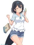  1girl ;) absurdres bag bangs bird_tail black_hair blouse blue_blouse blue_eyes blue_shorts carrying closed_mouth commentary cowboy_shot denim denim_shorts food head_wings highres holding holding_food ice_cream_cone kemono_friends looking_at_viewer one_eye_closed shiraha_maru shopping_bag short_hair short_shorts short_sleeves shorts simple_background smile solo standing superb_bird-of-paradise_(kemono_friends) tail twitter_username white_background 