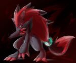  3_fingers 3_toes 6:5 ambiguous_gender anthro biped black_background black_body black_fur claws digitigrade feet finger_claws fingers fur gradient_background green_eyes looking_at_viewer nintendo pok&eacute;mon pok&eacute;mon_(species) pupils red_body red_claws red_fur simple_background slit_pupils solo toe_claws toes video_games zoroark ちゃば 