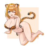  1girl absurdres animal_ears animal_print bangs barefoot bikini blonde_hair blue_eyes cailleach_bheur chinese_zodiac commission full_body hairband highres last_origin looking_at_viewer navel new_year noonnoon531 one_eye_closed paw_pose solo star_(symbol) string_bikini swimsuit tail tiger_ears tiger_print tiger_tail year_of_the_tiger 