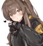  1girl armband bangs black_gloves black_jacket blush brown_eyes brown_hair commentary dutch_angle eyebrows_visible_through_hair fei_(songyijie) fingerless_gloves girls&#039;_frontline gloves hair_between_eyes heart hood hood_down hooded_jacket interlocked_fingers jacket long_hair looking_at_viewer one_side_up open_mouth own_hands_clasped own_hands_together palms_together scar scar_across_eye simple_background solo ump45_(girls&#039;_frontline) upper_body white_background 