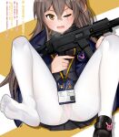  1girl blush brown_eyes brown_hair commentary_request fang feet girls&#039;_frontline gun h&amp;k_ump hair_between_eyes highres holding holding_gun holding_weapon id_card jacket looking_at_viewer one_eye_closed open_mouth panties panties_under_pantyhose pantyhose qinghua_yu scar scar_across_eye shoes single_shoe skin_fang skirt soles solo submachine_gun toes translation_request trigger_discipline ump45_(agent_lop_rabbit)_(girls&#039;_frontline) ump45_(girls&#039;_frontline) underwear weapon white_legwear 