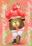  anthro big_butt brown_body brown_fur butt christmas clothing crop_top english_text footwear fur giant_panda hi_res holidays hoodie hunnipanda looking_back male mammal red_clothing red_hoodie red_topwear shirt shoes solo text thick_thighs thong topwear underwear ursid 