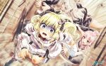  3girls animal_ears blonde_hair blurry buru-dai dashing depth_of_field dress fur-trimmed_dress fur_trim highres hololive horns lion_girl long_hair mori_calliope multiple_girls open_mouth purple_eyes running scared sheep_ears sheep_girl sheep_horns shishiro_botan solo_focus tearing_up tsunomaki_watame very_long_hair virtual_youtuber white_dress 