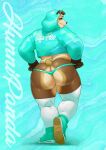  anthro big_butt blue_background blue_clothing blue_hoodie blue_topwear brown_body brown_fur butt clothing crop_top english_text footwear fur giant_panda hi_res hoodie hunnipanda looking_back male mammal shirt shoes simple_background solo text thick_thighs thong topwear underwear ursid 