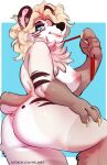  anthro areola belsnep black_nose blonde_hair blue_eyes breasts butt chest_tuft claws digital_media_(artwork) eyelashes female hair hand_on_own_thigh holding_own_leash long_claws looking_at_viewer looking_back looking_back_at_viewer mammal nipples nub_tail pink_areola pink_inner_ear pink_nipples portrait rear_view shaded simple_background soft_shading solo text thick_thighs three-quarter_portrait tuft url ursid 