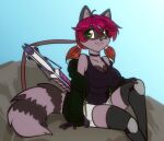  anthro bottomwear breasts brown_hair choker clothing crossbow eyebrow_through_hair eyebrows facial_markings female fur hair head_markings hi_res jacket jewelry looking_at_viewer mammal markings mask_(marking) necklace pigtails procyonid purple_hair raccoon ranged_weapon ring_(marking) ringtail scorpdk shirt shorts shoulder_tuft sitting solo tail_markings tank_top topwear translucent translucent_hair tuft weapon 