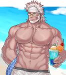  1boy abs bara braid character_request copyright_request glasses headband large_pectorals male_focus male_swimwear mature_male muscular muscular_male navel nipples pectorals single_braid solo topless topless_male uori white_male_swimwear 