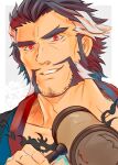  1boy bara beard daikoku_(housamo) dark_blue_hair ex65679708 facial_hair forked_eyebrows highres looking_at_viewer male_focus mature_male multicolored_hair muscular muscular_male mustache mutton_chops red_eyes sideburns smile solo thick_eyebrows tokyo_afterschool_summoners two-tone_hair white_hair 