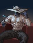  1boy abs absurdres bara coin cypher_(valorant) gloves hat highres large_pectorals male_focus mask mature_male muscular muscular_male navel nipples pectorals sedo_(usingincognito) sitting solo topless topless_male valorant white_headwear 