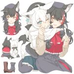  2girls :3 animal_ears aqua_eyes black_bow black_hair blush boots bow brown_eyes brown_footwear commentary_request fox_ears fox_girl fox_tail grey_footwear grey_hair hair_bow highres hololive hug interlocked_fingers jewelry long_hair multicolored_hair multiple_girls multiple_views one_eye_closed ookami_mio open_mouth red_hair ring shirakami_fubuki streaked_hair tail tataki_tuna wedding_band white_background white_hair wolf_girl yuri 