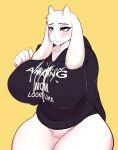  &lt;3 &lt;3_eyes 5_fingers absurd_res anthro big_breasts blue_eyes blush bodily_fluids boss_monster bottomless bovid breasts caprine clothed clothing cum cum_on_clothing cum_on_face curvy_figure english_text female fingers floppy_ears fur genital_fluids genitals hi_res hoodie horn huge_breasts long_ears mammal mature_anthro mature_female ownychan pussy simple_background solo text thick_thighs topwear toriel undertale undertale_(series) video_games voluptuous white_body white_fur wide_hips yellow_background 