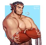  1boy bara chest_hair facial_hair hachimaki headband highres ina_zuma large_pectorals long_sideburns looking_at_viewer male_focus mature_male muscular muscular_male nejiri_hachimaki nipples pectorals short_hair sideburns smile solo tajikarao_(housamo) thick_eyebrows tokyo_afterschool_summoners topless topless_male tusks 