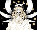  1girl alternate_hair_length alternate_hairstyle bangs black_background bow dress drill_hair fairy_wings hat kaigen_1025 long_hair looking_at_viewer luna_child mob_cap monochrome moon_phases simple_background solo touhou upper_body white_dress wings yellow_eyes 