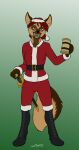  2021 anthro belt beverage breasts brown_body brown_fur canid canine canis christmas domestic_dog female fur hair hi_res high_heels holding_beverage holding_object holidays looking_at_viewer lord_magicpants mammal melee_weapon simple_background smile solo sword weapon 