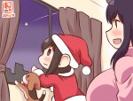  2girls :3 ahoge black_hair blush brown_hair commentary_request curtains dog fur-trimmed_headwear hair_ornament hat kanon_(kurogane_knights) kantai_collection multiple_girls one-hour_drawing_challenge open_mouth pink_shirt puppy red_eyes red_headwear santa_costume santa_hat shigure_(kancolle) shirt shooting_star smile window yamashiro_(kancolle) younger 