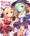  2girls alternate_costume anzu_ame bangs black_headwear blonde_hair blue_eyes blush commentary_request crystal demon_costume eyeball eyebrows_visible_through_hair flandre_scarlet gloves green_hair hair_between_eyes halloween_costume hat komeiji_koishi medium_hair multiple_girls no_hat no_headwear one_eye_closed one_side_up pantyhose red_eyes short_hair skirt thighhighs third_eye touhou trick_or_treat v-shaped_eyebrows wings witch witch_hat 