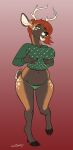  2021 anthro antlers big_breasts breasts brown_body capreoline cervid clothing female green_clothing green_topwear hair hand_on_breast hi_res horn looking_up lord_magicpants mammal navel open_mouth reindeer simple_background slightly_chubby smile solo sweater topwear 