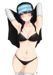  1girl armpits arms_behind_head arms_up bangs bikini black_bikini black_hair blush breasts cleavage collarbone cowboy_shot en&#039;en_no_shouboutai english_commentary hair_between_eyes highres looking_at_viewer medium_breasts navel pout raised_eyebrows sidelocks signature simple_background solo stomach swimsuit tamaki_kotatsu thigh_gap thighhighs veil white_background white_legwear xter yellow_eyes 