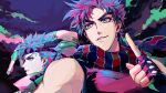  2boys battle_tendency bloody_stream blue_hair blue_scarf caesar_anthonio_zeppeli derivative_work facial_mark feather_hair_ornament feathers fingerless_gloves gloves hair_ornament highres jacket jojo_no_kimyou_na_bouken joseph_joestar joseph_joestar_(young) male_focus multicolored_hair multiple_boys nigelungdayo pink_hair pointing purple_hair purple_jacket scarf screencap_redraw striped striped_scarf two-tone_hair 