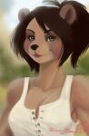  2017 anthro black_hair blurred_background breasts brown_body brown_fur chanrom clothing female fur green_eyes hair hi_res looking_at_viewer mammal markings mole_(marking) ponytail portrait smile solo topwear ursid white_clothing white_topwear 