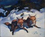  1923 20th_century ambiguous_gender ancient_art black_nose brown_body brown_fur canid canine duo feral fox fur george_hallowell mammal nude oil_painting_(artwork) open_mouth outside painting_(artwork) public_domain quadruped red_fox signature snow tongue tongue_out traditional_media_(artwork) white_body white_fur 