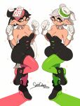  big_breasts black_hair breasts brown_eyes callie_briggs cephalopod cleavage clothed clothing collar dress duo ear_piercing ear_ring female footwear gloves grey_hair hair handwear hanna-barbera hat headgear headwear hi_res humanoid inkling leggings legwear looking_at_viewer marie_(splatoon) marine mollusk nintendo piercing pseudo_hair raised_leg shoes simple_background sneakers splatoon squid_sisters_(splatoon) swat_kats tan_body tan_skin tentacle_hair tentacles video_games white_background yuta_agc 