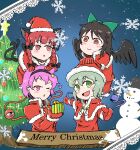  4girls :&lt; :d absurdres animal_ears artist_request bird_wings black_bow black_hair black_hairband black_ribbon black_wings blue_background blush bow braid brown_eyes cat_ears cat_tail christmas_tree closed_mouth commentary_request extra_ears eyeball eyebrows_visible_through_hair gift gloves green_eyes green_hair hair_bow hair_ornament hairband hat heart heart_hair_ornament highres holding holding_gift kaenbyou_rin komeiji_koishi medium_hair merry_christmas multiple_girls multiple_tails nekomata o3o one_eye_closed open_mouth pink_eyes pink_hair red_eyes red_gloves red_hair reiuji_utsuho ribbon santa_costume santa_hat short_hair smile snowflakes snowman tail third_eye touhou twin_braids wavy_hair wings 