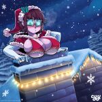  1girl blush bra breasts brown_hair chimney christmas cleavage closed_mouth cyynapse elbow_gloves eyebrows_visible_through_hair gloves green_eyes highres house large_breasts looking_away night original outdoors rectangular_eyewear red_bra santa_costume short_hair snow snowflakes snowing solo underwear white_gloves 