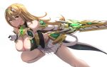  bangs bare_legs bare_shoulders blonde_hair breasts chest_jewel cleavage cleavage_cutout clothing_cutout dress earrings elbow_gloves gloves highres jewelry large_breasts long_hair mythra_(xenoblade) senra_banshou short_dress swept_bangs tiara very_long_hair white_dress white_gloves xenoblade_chronicles_(series) xenoblade_chronicles_2 yellow_eyes 