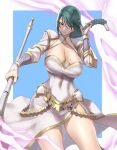  1girl absurdres anagumasan bangs braid breasts circlet cleavage closed_mouth covered_navel dress fire_emblem fire_emblem_heroes gold_trim green_hair highres holding jewelry large_breasts lightning long_hair long_sleeves polearm shiny shiny_hair shiny_skin simple_background single_braid smile solo thighs thorr_(fire_emblem) tied_hair turtleneck weapon white_dress 